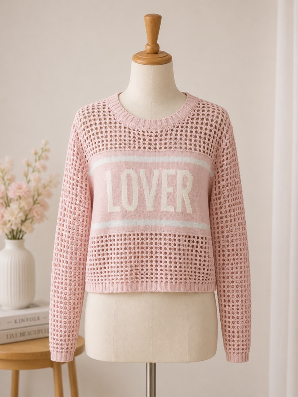 Hooked Up by‎ IOT Soft Pink Open-Knit 'LOVER' Sweater Size M NWOT